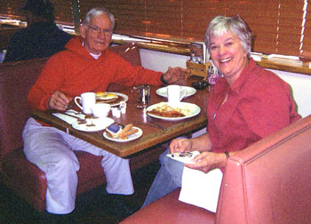 Ann and Bob Nynley, biscuits cafe, traveling home to near Lawrence, Kansas